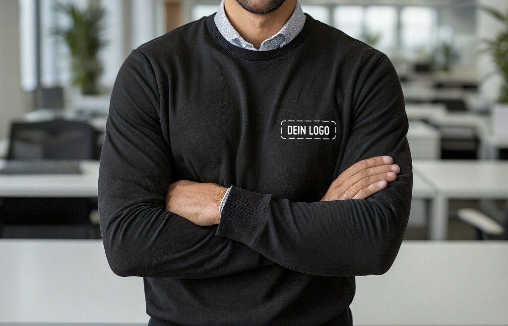 Mann in einem schwarzen Sweater mit Logo